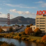 Adobe headquarters with the Golden Gate Bridge and vibrant autumn scenery.
