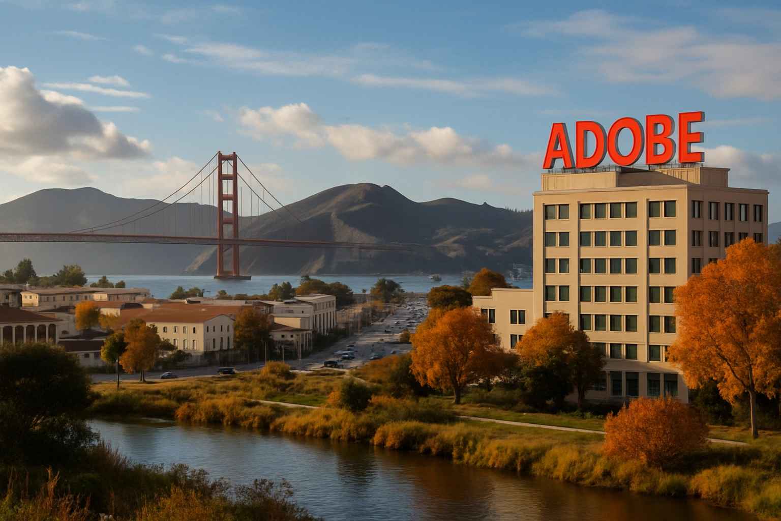 Adobe headquarters with the Golden Gate Bridge and vibrant autumn scenery.