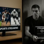 Young man with a laptop, next to a TV displaying sports streaming ads.