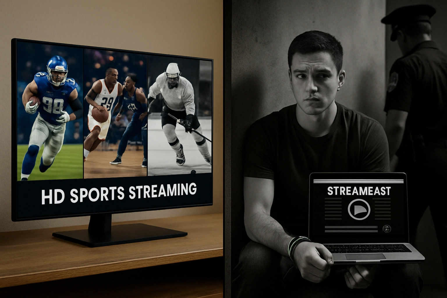 ACE and Egyptian Authorities Disrupt Streameast Pirate Sports Streaming Network Young man with a laptop, next to a TV displaying sports streaming ads.