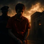 Police officer leads handcuffed man in orange jumpsuit outside a prison at dusk.