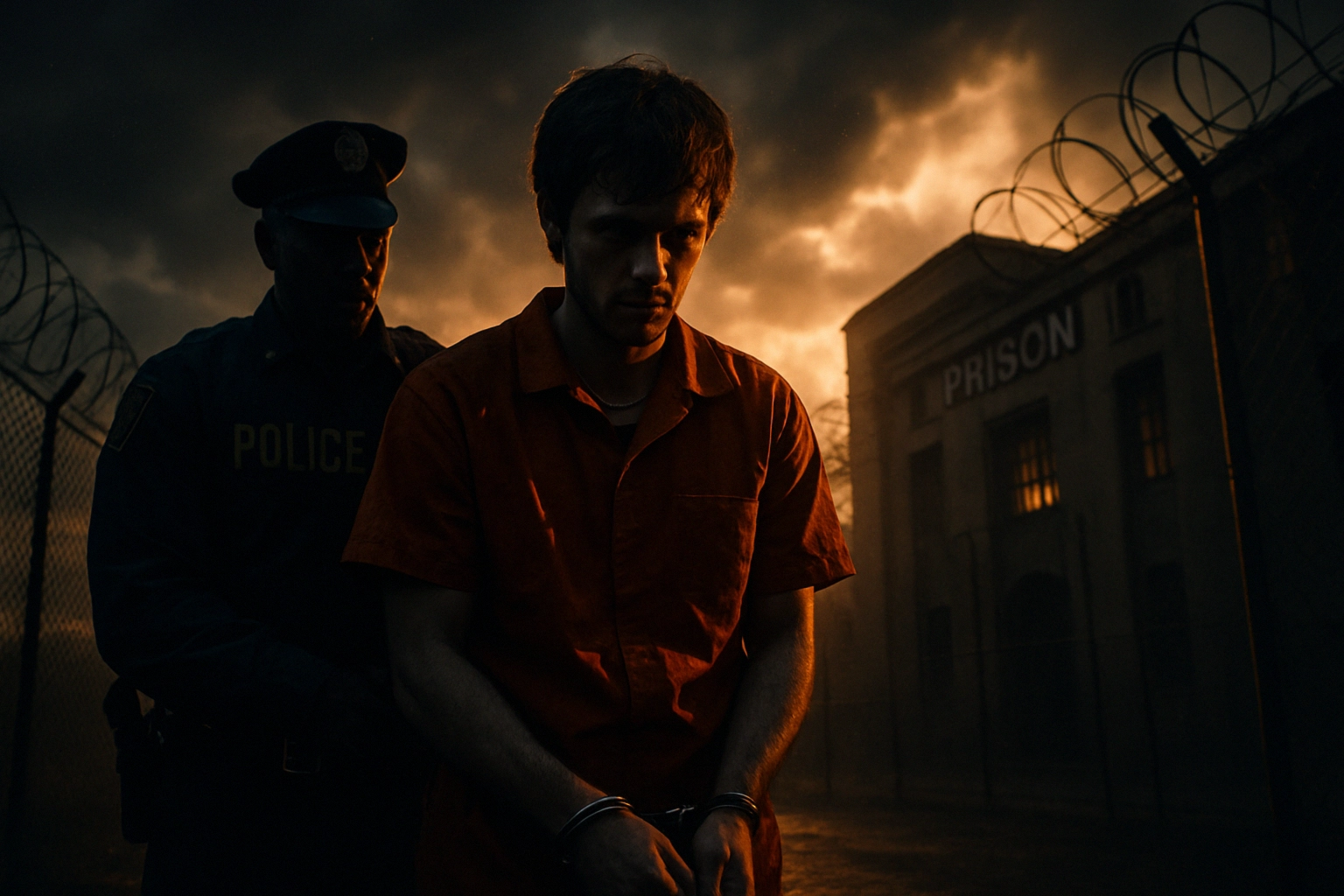 Police officer leads handcuffed man in orange jumpsuit outside a prison at dusk.
