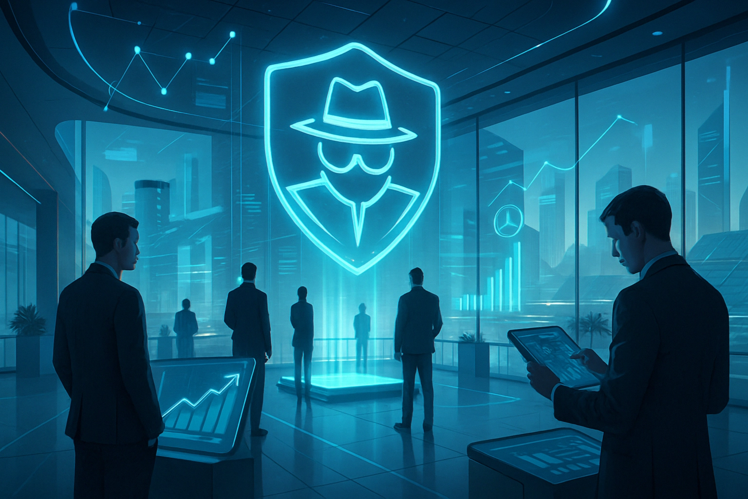 Business professionals observing a holographic security display in a modern office.