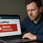 Concerned man focuses on laptop displaying a warning about an infostealer.