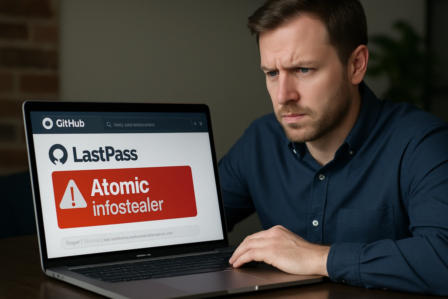 Concerned man focuses on laptop displaying a warning about an infostealer.