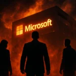 Silhouettes of three figures in front of a Microsoft building with a fiery background.