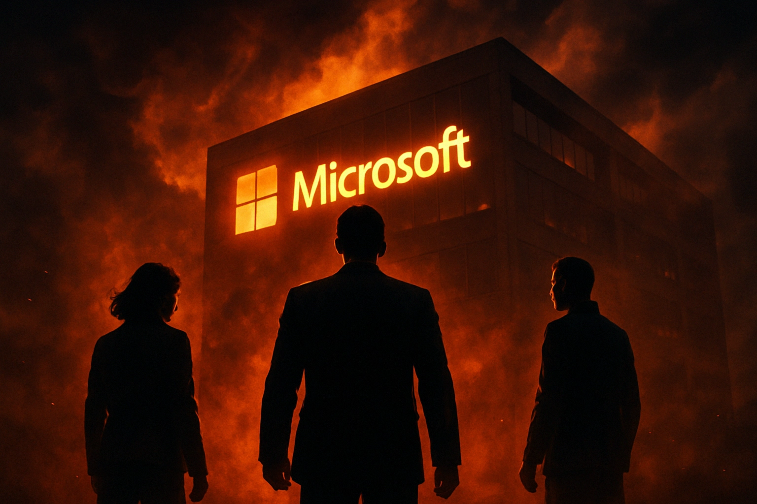 Silhouettes of three figures in front of a Microsoft building with a fiery background.
