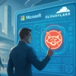Man interacts with a digital interface featuring Microsoft and Cloudflare logos.