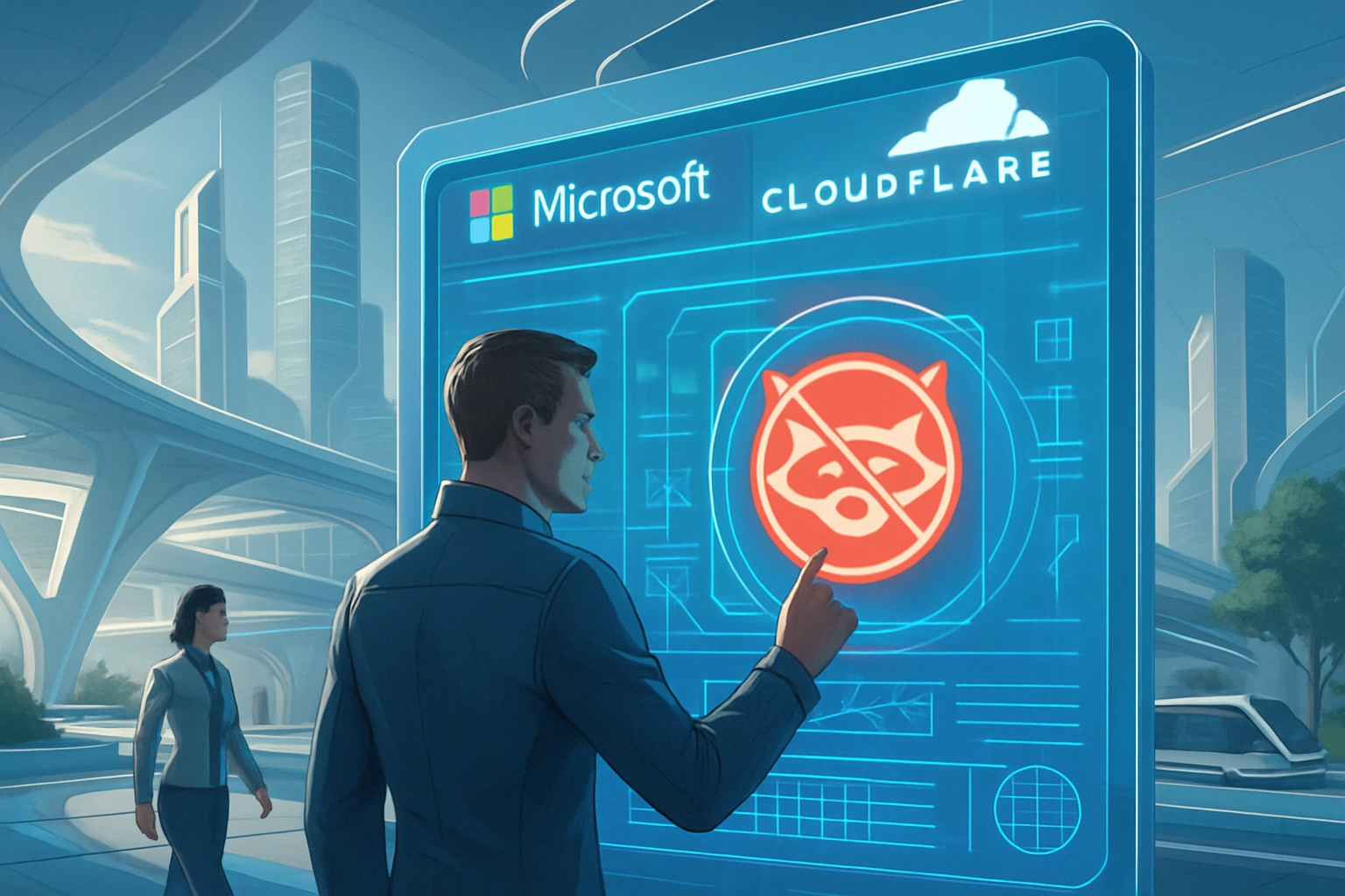 Man interacts with a digital interface featuring Microsoft and Cloudflare logos.