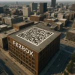 ** Edificio elevado con un código QR y la palabra "FEZBOX" en su fachada.