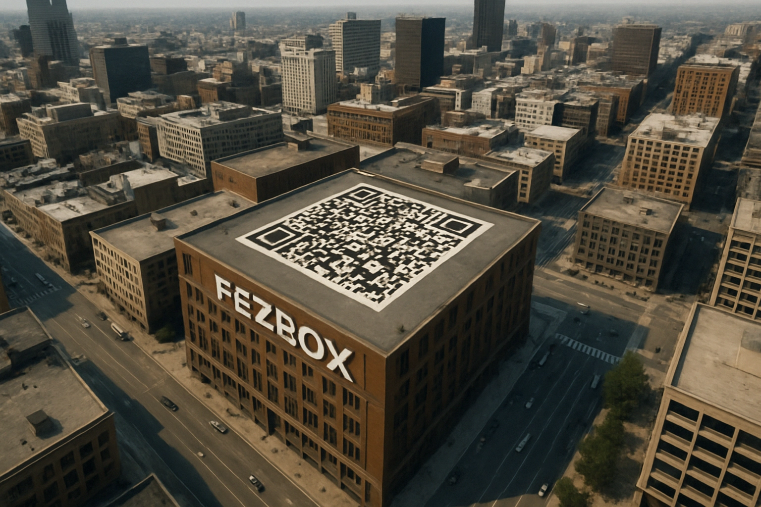 Aerial view of a large urban building featuring a QR code and the text "FEZBOX."