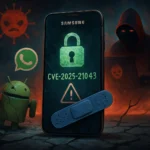 Samsung phone displaying security alert about CVE-2025-21043 with dark background.