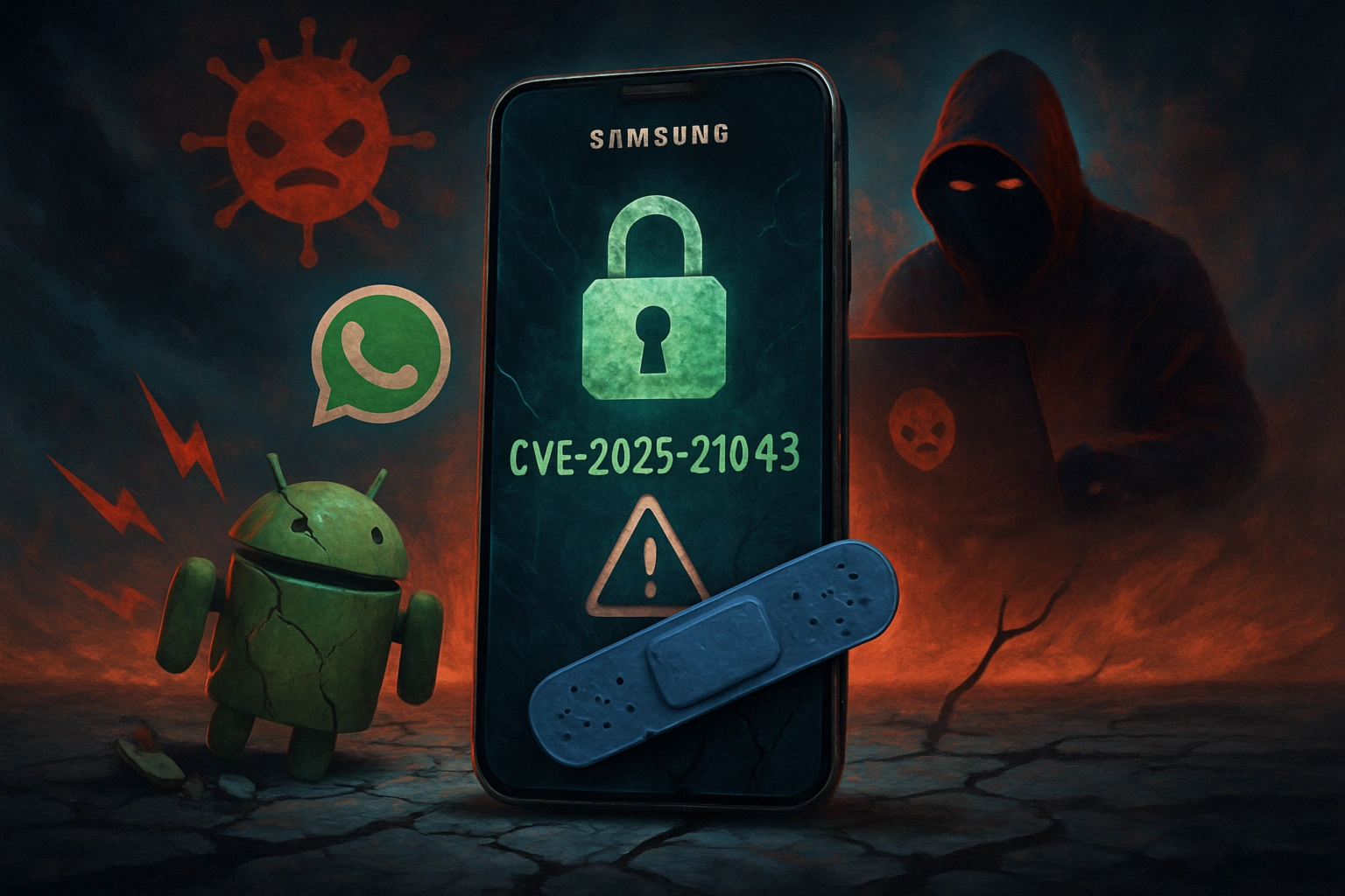 Samsung phone displaying security alert about CVE-2025-21043 with dark background.