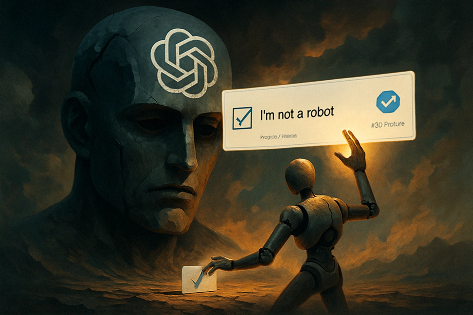 Robot hand interacting with a large, contemplative human head sculpture.