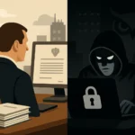 Split scene with a professional man and a shadowy hacker at computers.