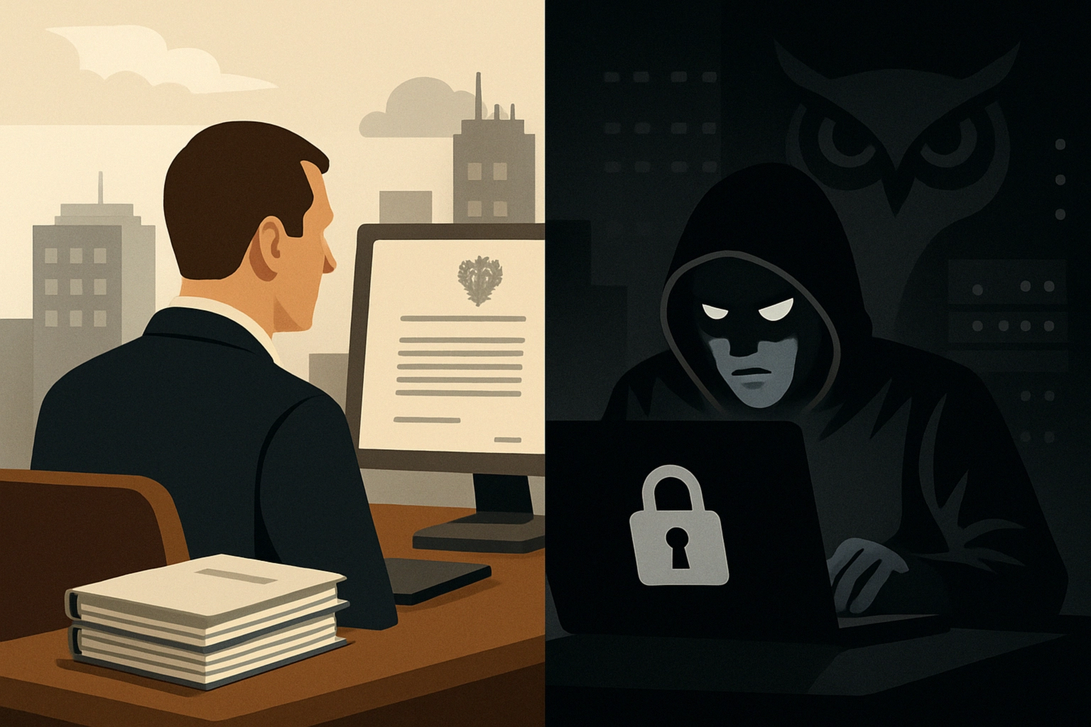 Split scene with a professional man and a shadowy hacker at computers.