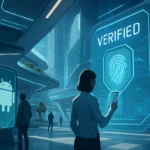 Futuristic scene with a woman checking a device in a high-tech environment.