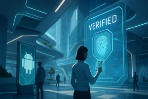 Futuristic scene with a woman checking a device in a high-tech environment.
