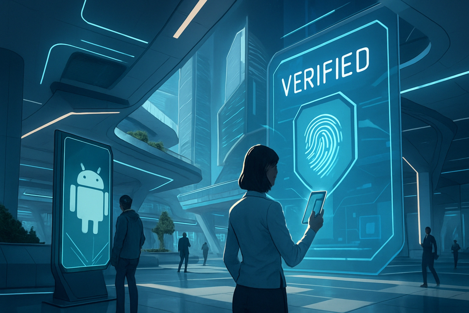 Futuristische Szene mit einer Person, die ein Gerät hält und digitale Anzeigen betrachtet.