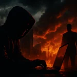 Hooded figure types on a laptop amidst a fiery, apocalyptic cityscape.