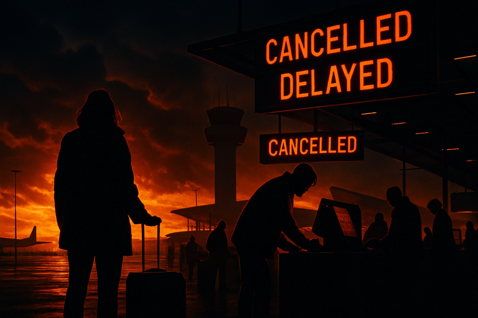 Silhouetted travelers stand under bright "CANCELLED" signs at an airport at sunset.