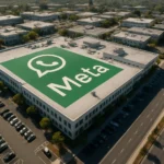 Здание с логотипом Meta и WhatsApp на крыше, окруженное парковкой.