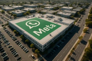 Иск к Meta из‑за безопасности WhatsApp: что известно и как это соотносится с практикой кибербезопасности Здание с логотипом Meta и WhatsApp на крыше, окруженное парковкой.