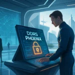 Man interacts with a futuristic touchscreen displaying "DDR5 PHGENIX" and a lock icon.