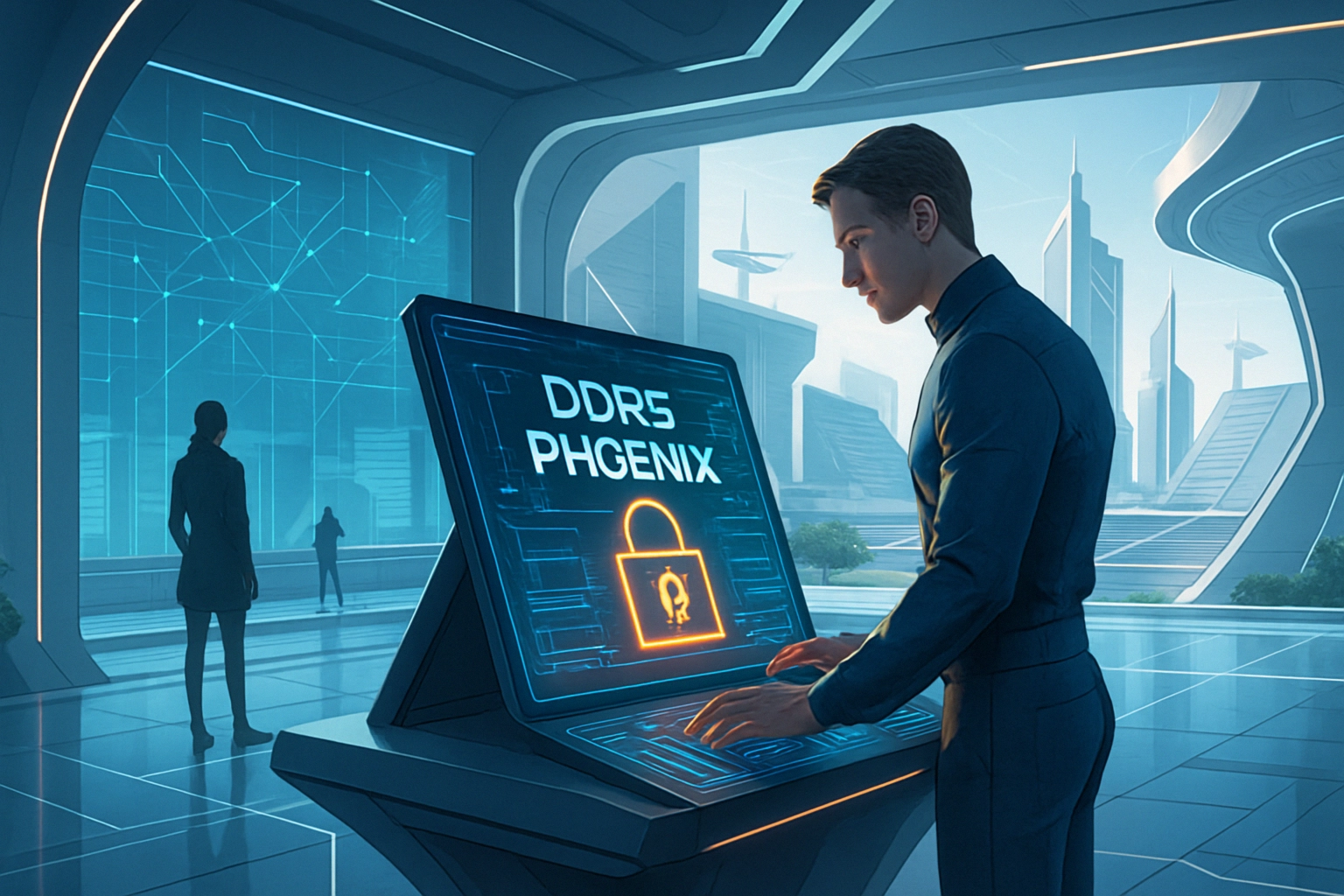 Man interacts with a futuristic touchscreen displaying "DDR5 PHGENIX" and a lock icon.