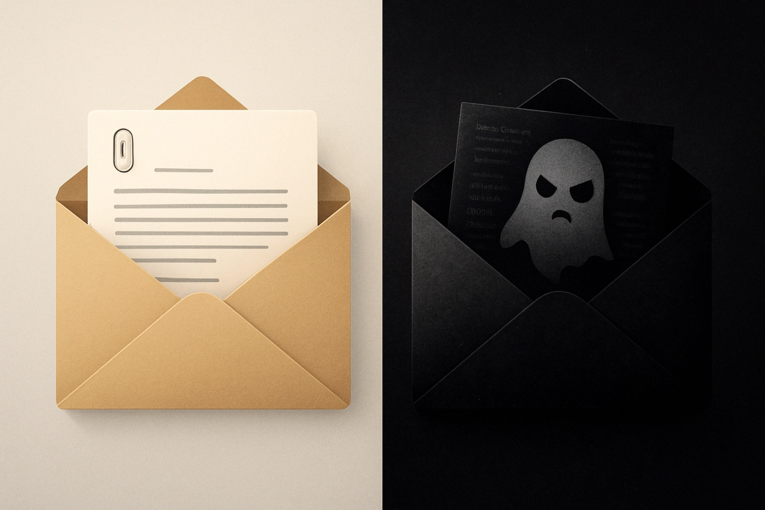 Two envelopes contrasting light and dark themes, one with a letter, the other with a ghost graphic.