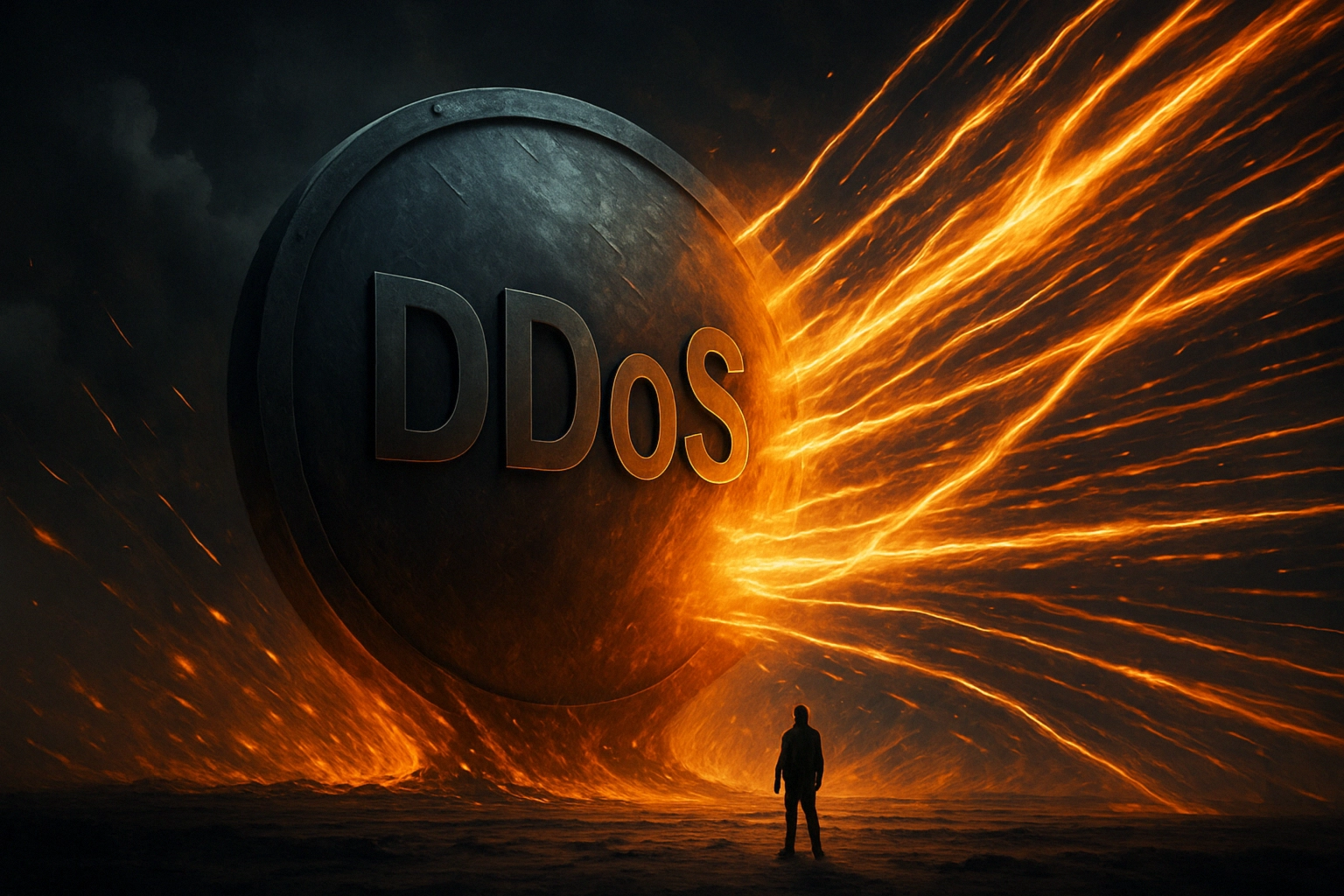 Dark scene featuring a large DDoS sphere with fiery energy and a lone figure.