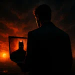 Man with a laptop showing a bat symbol against a dramatic sunset backdrop.