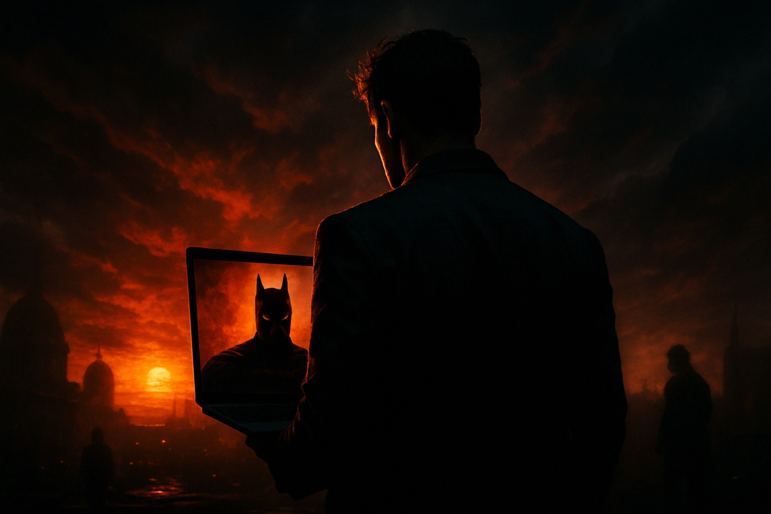 Man with a laptop showing a bat symbol against a dramatic sunset backdrop.