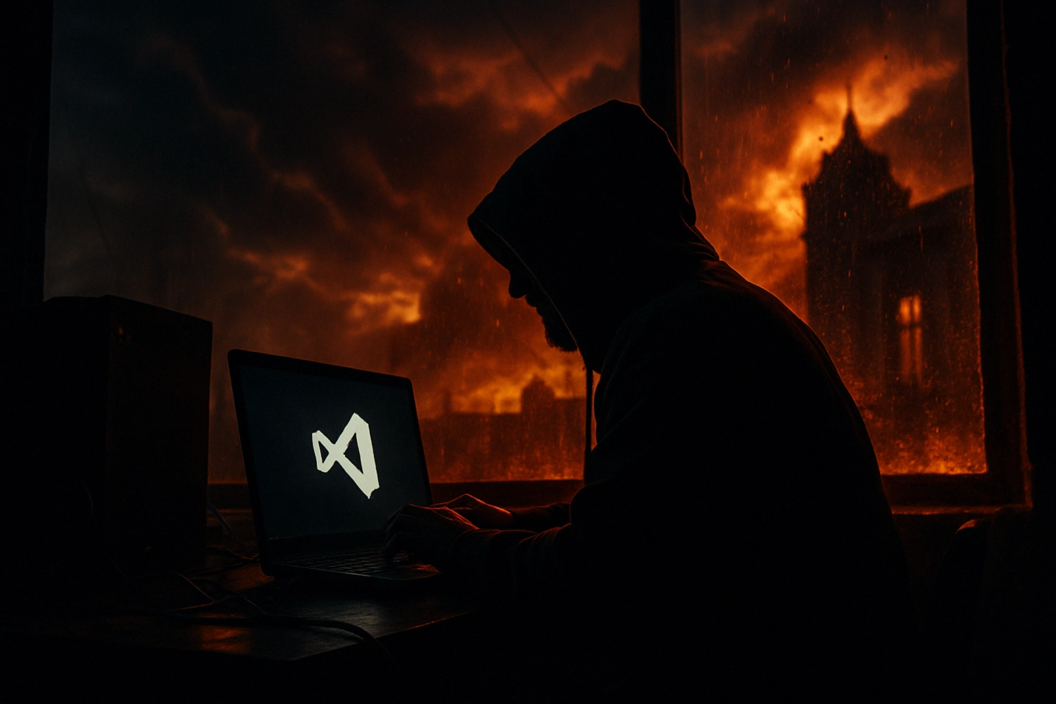 Silhouette of a person in a hoodie working on a laptop against a dramatic sunset.