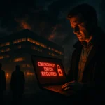 Man with a laptop displaying "EMERGENCY EMICH REQUIRED" amidst smoke and shadows.