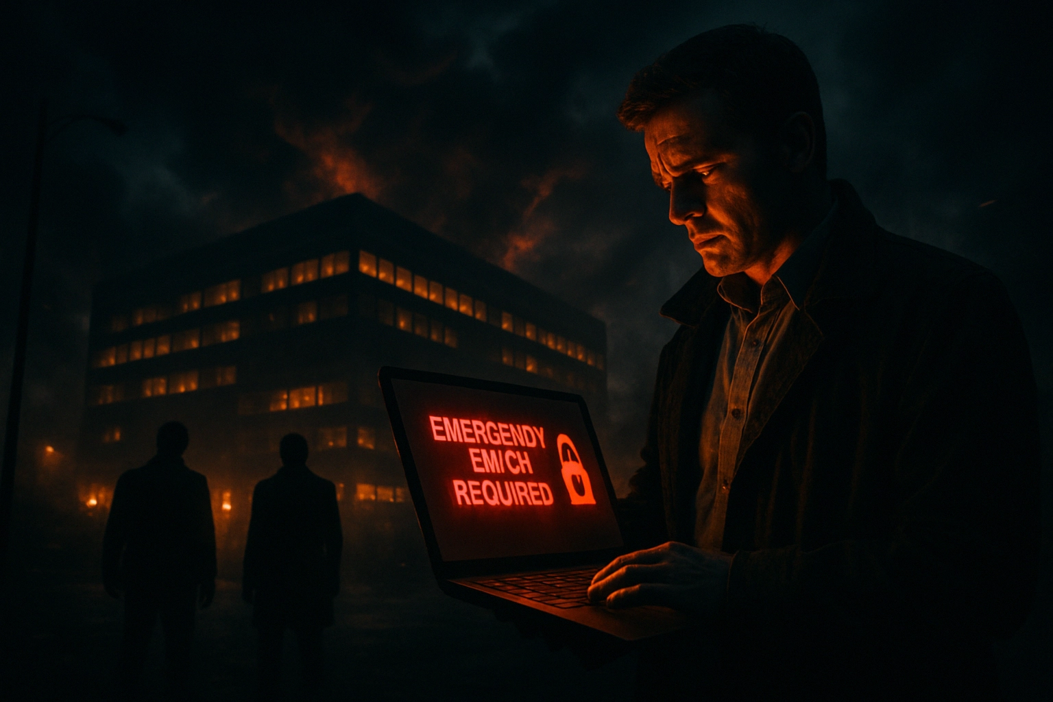 Passwordstate Critical Authentication Bypass: Update to 9.9 Build 9972 Immediately Man with a laptop displaying "EMERGENCY EMICH REQUIRED" amidst smoke and shadows.