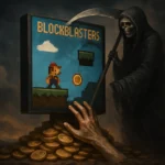 Reaper watches over pixelado videojuego con monedas doradas.