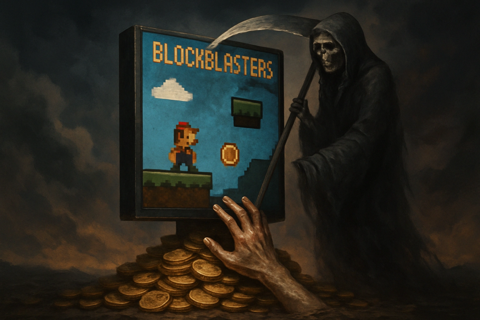 Grim reaper oversees a vintage game screen surrounded by gold coins.