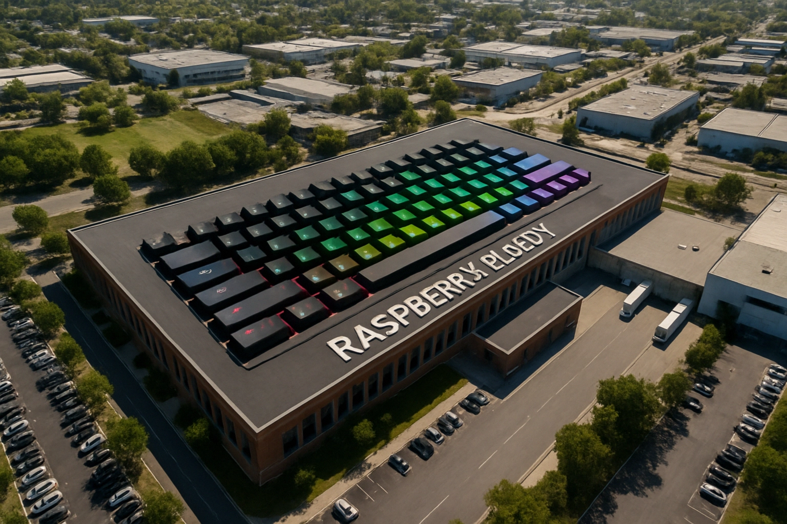 Aerial view of a building topped with a colorful keyboard design.