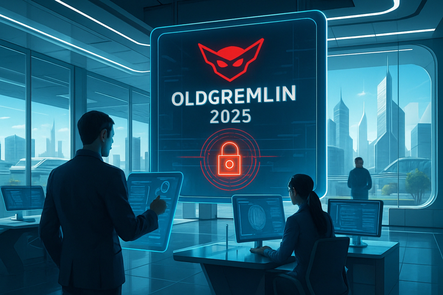 OldGremlin Ramps Up Ransomware Activity in 2025 With BYOVD and Node.js Tactics Sleek modern office with two individuals interacting with holographic displays.