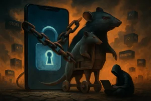 RuStore and F6 Disrupt DeliveryRAT Android MaaS Campaign, Blocking 604 Domains Digital security theme featuring a locked phone, rodents, and a hooded figure.