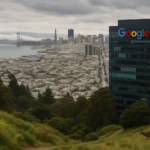 Google building overlooking San Francisco with hills and a cow in the foreground.