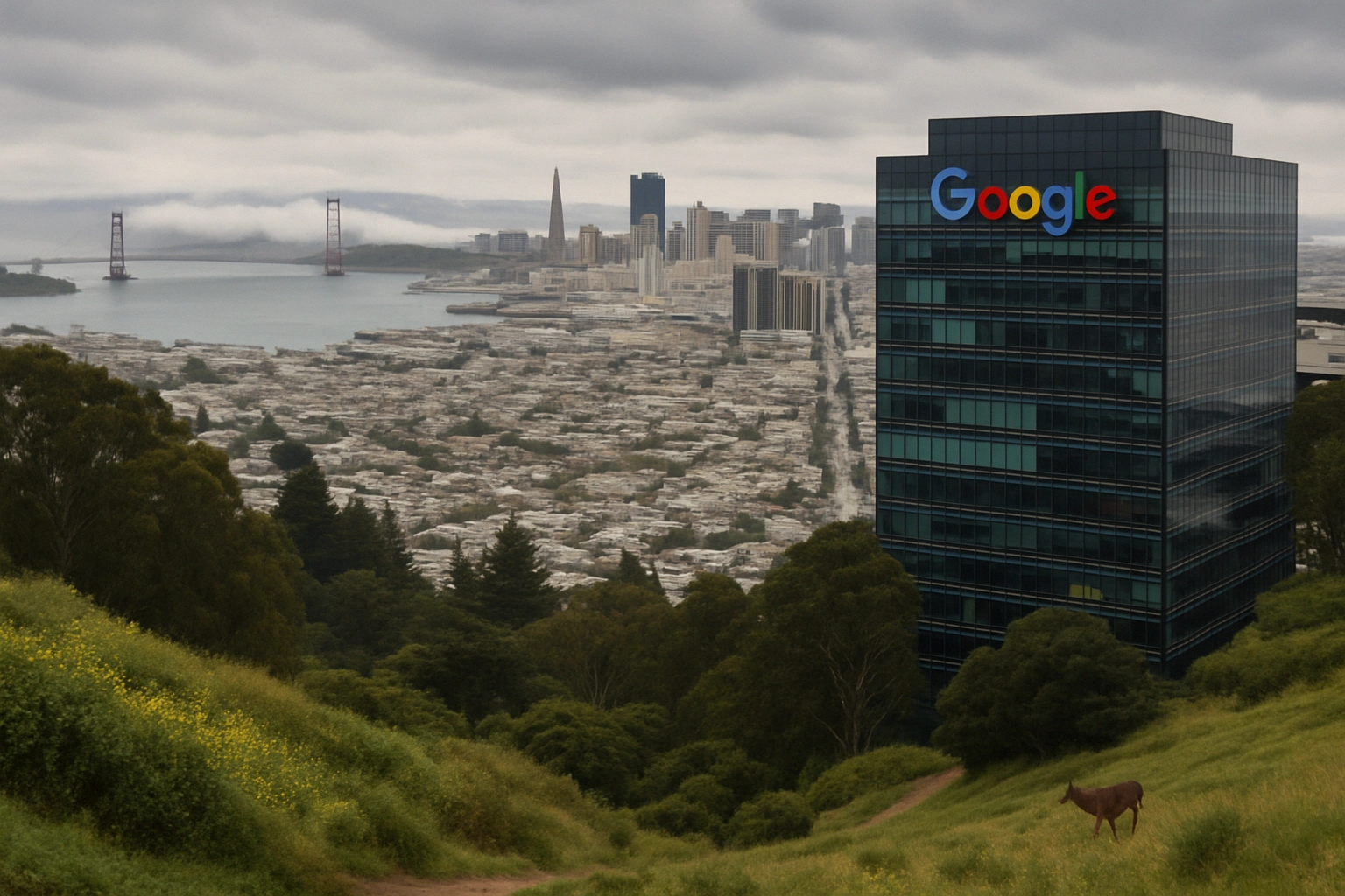 Google building overlooking San Francisco with hills and a cow in the foreground.