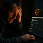 Hombre preocupado frente a una computadora portátil en ambiente oscuro.