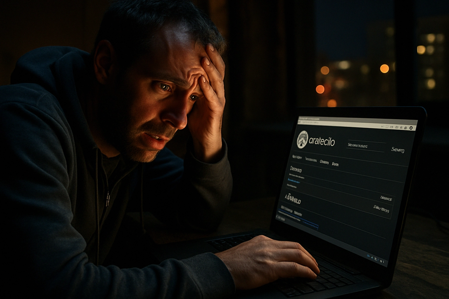 Man with a distressed expression, focused on a laptop in a dimly lit room.