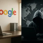 Split scene contrasting a Google workspace with a hooded figure at a laptop.