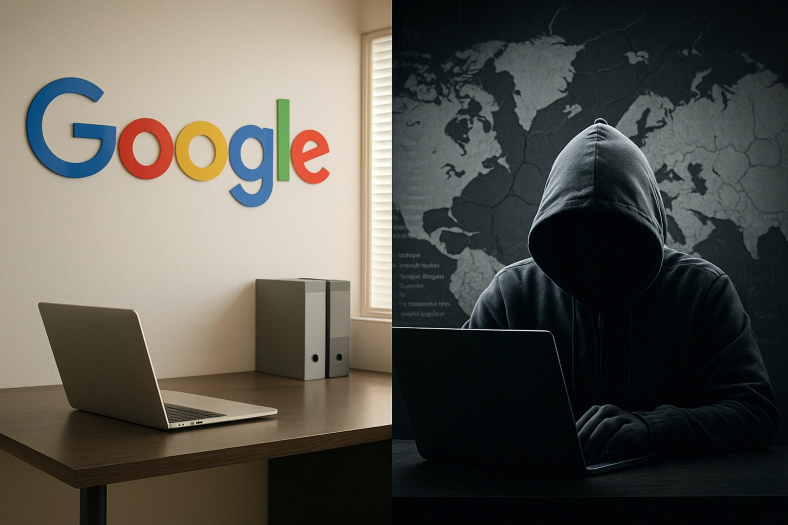 Split scene contrasting a Google workspace with a hooded figure at a laptop.