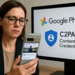 Person blickt auf Smartphone mit Google Photos und C2PA-Inhalt.