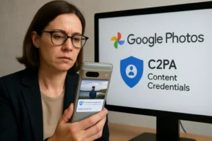 Woman examining a photo on a smartphone with Google Photos and C2PA displayed on a monitor.