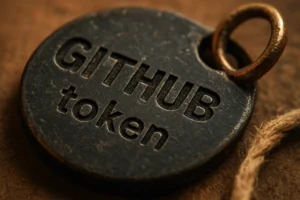 Dark metal token engraved with "GITHUB token" rests on a textured background.
